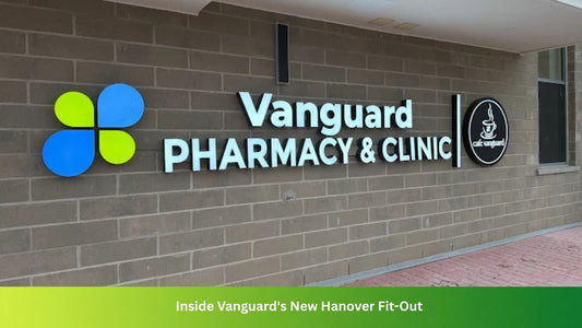 Vanguard Pharmacy and Clinic storefront at 223 10th St, Hanover, Ontario — new location equipped by Delmen with examination beds, Amico diagnostic stations, and an OCP-compliant time-delayed narcotic safe.