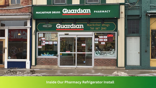 Midea MC-5L316 NSF/ANSI 456 vaccine refrigerator installed at MacArthur Drug Store, a Guardian banner pharmacy in Fenelon Falls, Ontario