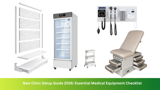 Medical equipment setup including pharmacy refrigerator, examination table, wall diagnostic system, storage panels, and clinic cart, representing essential equipment for new clinic setup.