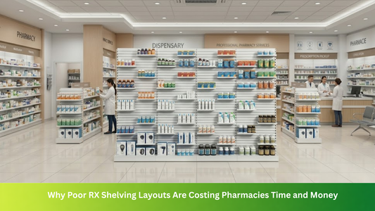 Pharmacy interior with organized RX shelving layout, dispensary counters, and medication displays, highlighting efficient pharmacy workflow, retail pharmacy design, and optimized shelving systems for improved productivity and sales.