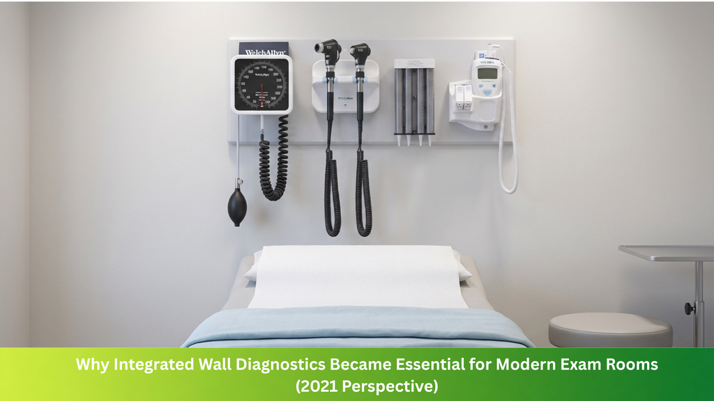 Clinical examination room with wall-mounted diagnostic system, patient exam table, and medical equipment, highlighting modern clinic setup, healthcare efficiency, and professional medical workspace design.