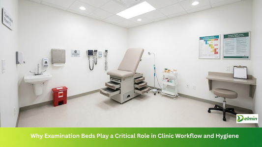 Modern clinic examination room with adjustable exam table, wall-mounted diagnostic equipment, and medical storage, highlighting efficient clinic workflow, hygiene standards, and healthcare facility design.