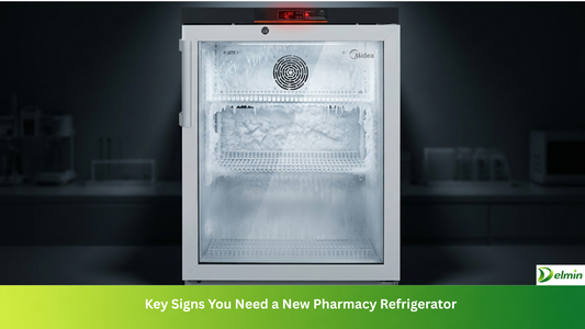 Pharmacy refrigerator with ice buildup and poor temperature control, highlighting signs of failing medical refrigerator and the need for replacement to ensure safe medication and vaccine storage.