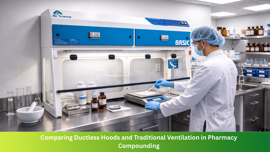 Ductless hood in a compounding pharmacy with pharmacist preparing medications, illustrating comparison with traditional ventilation systems for pharmacy safety and compliance.