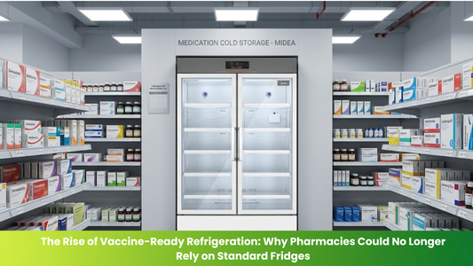Pharmacy with medical-grade refrigerator for vaccine storage, highlighting safe temperature-controlled medication storage and modern pharmacy refrigeration.