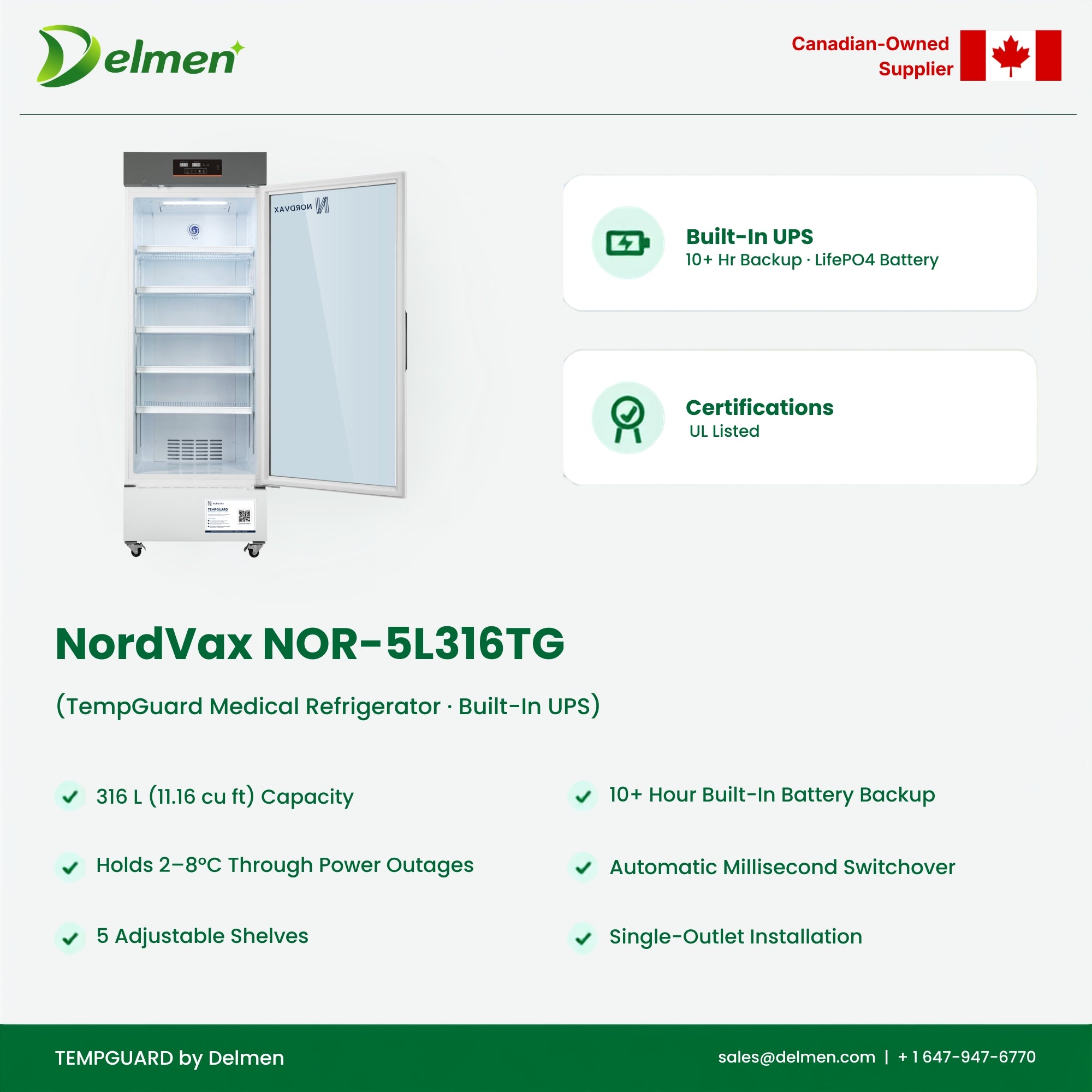 NordVax NOR-5L316TG · TempGuard Medical Refrigerator with Built-in 10+ Hours UPS — 11.16 cu ft