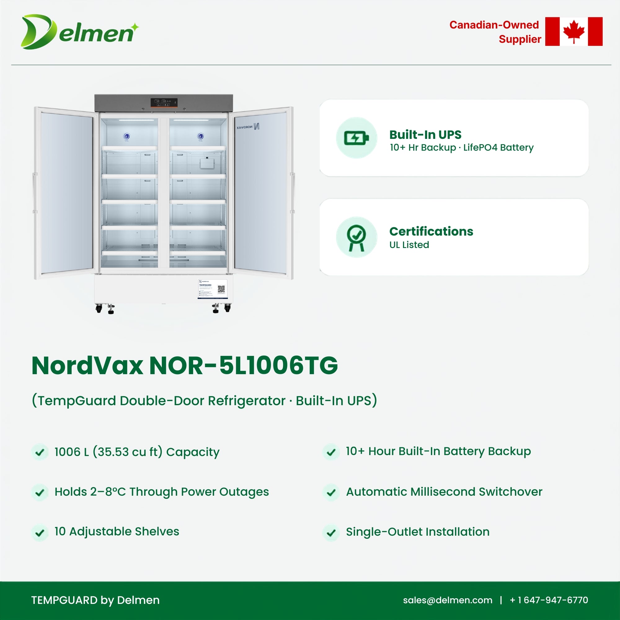 NordVax NOR-5L1006TG · TempGuard Medical Refrigerator with Built-in 10+ Hours UPS — 35.53 cu ft