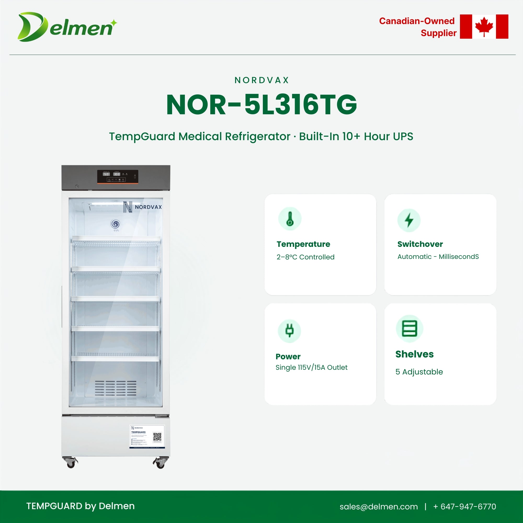 NordVax NOR-5L316TG · TempGuard Medical Refrigerator with Built-in 10+ Hours UPS — 11.16 cu ft