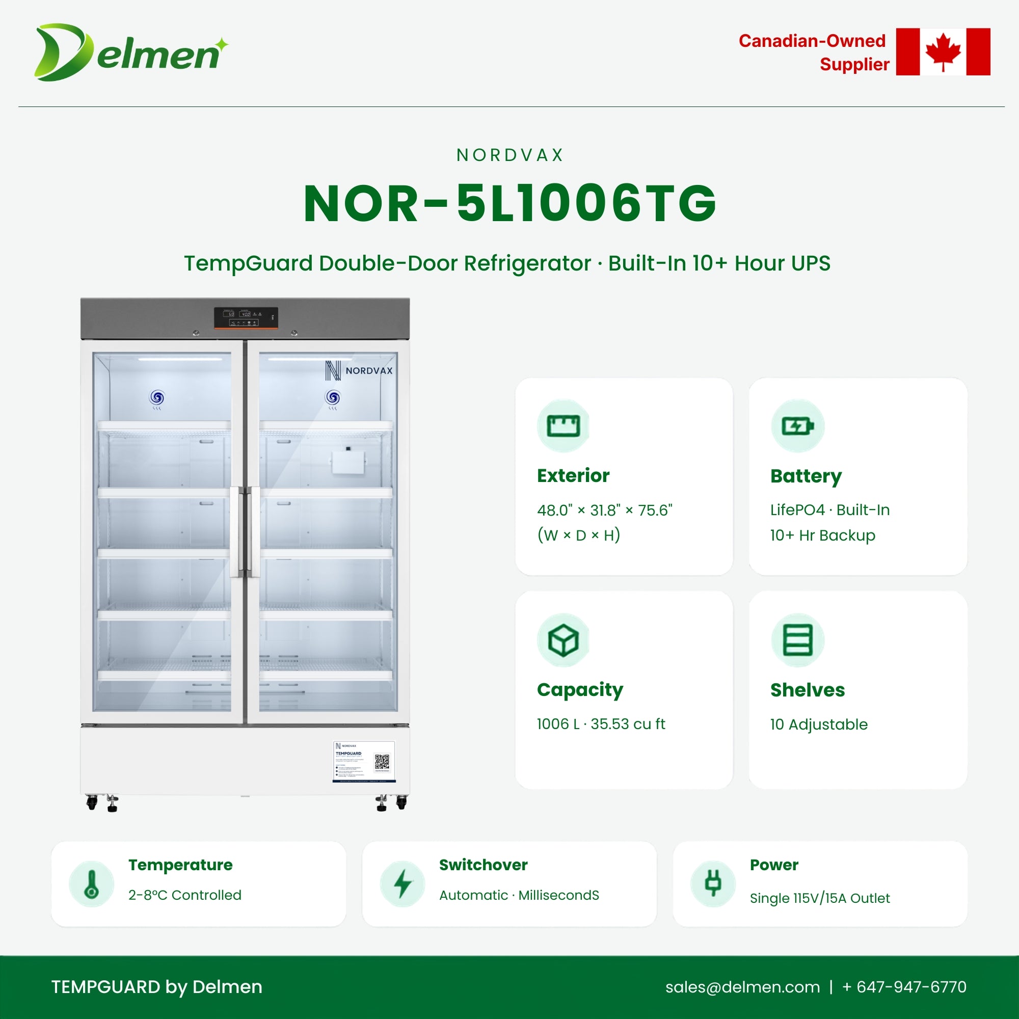 NordVax NOR-5L1006TG · TempGuard Medical Refrigerator with Built-in 10+ Hours UPS — 35.53 cu ft