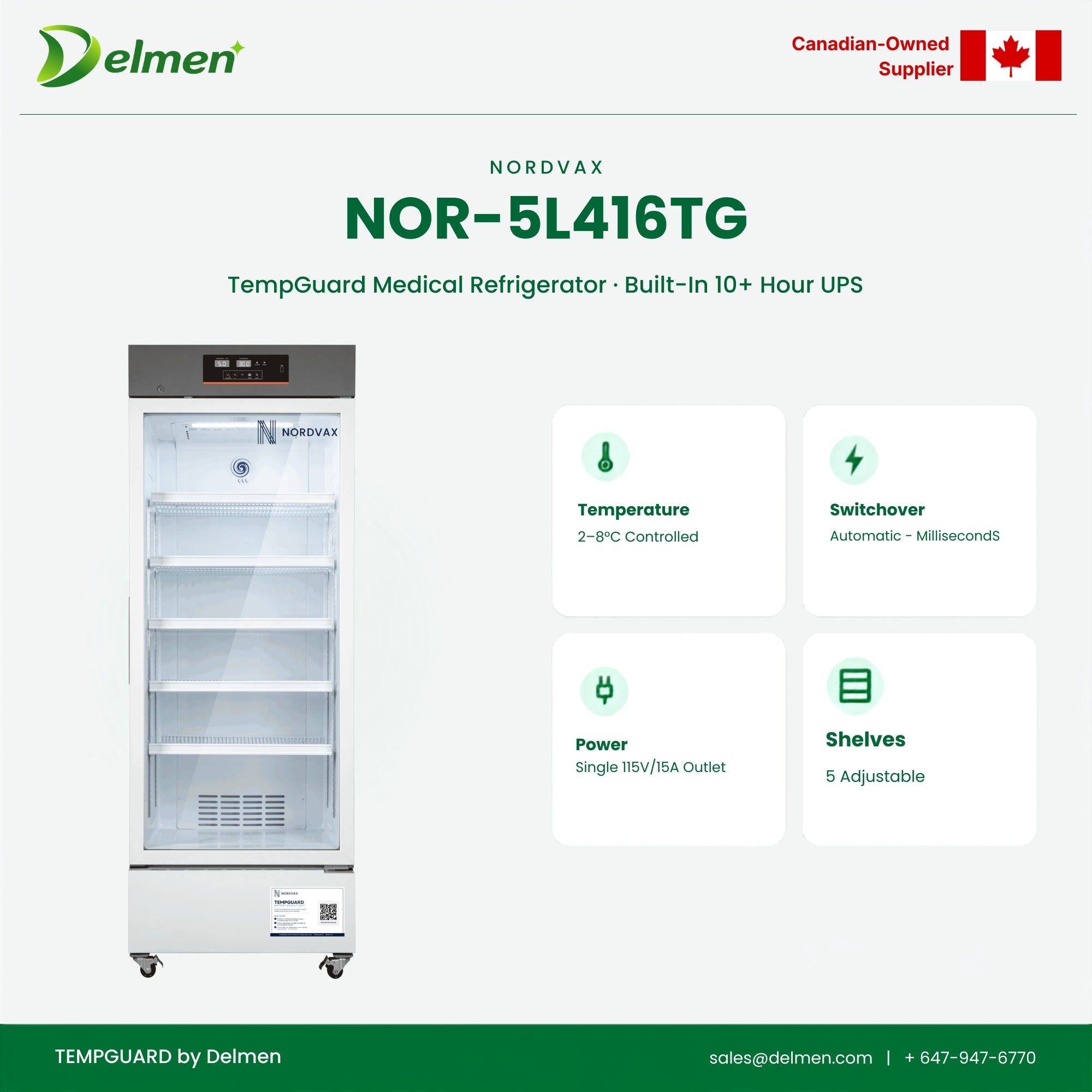 NordVax NOR-5L416TG · TempGuard Medical Refrigerator with Built-in 10+ Hours UPS — 14.70 cu ft
