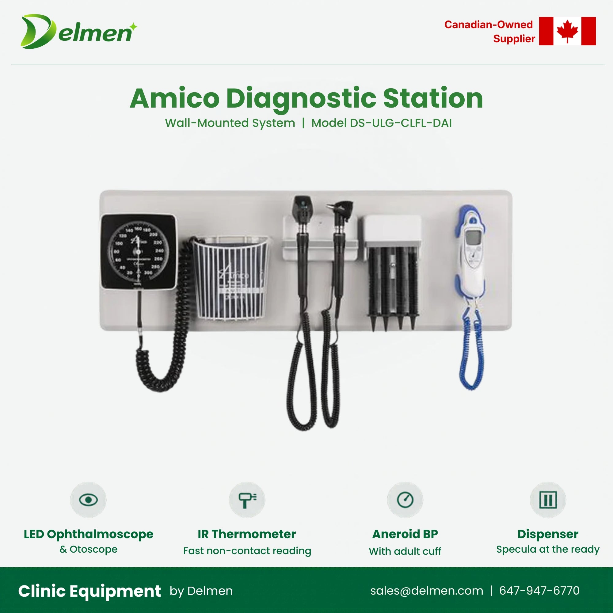 Amico DS-ULG-CLFL-DAI – Oph & Oto LED, Disp, Aneroid BP, Adult Cuff, IR Therm, Wall Board