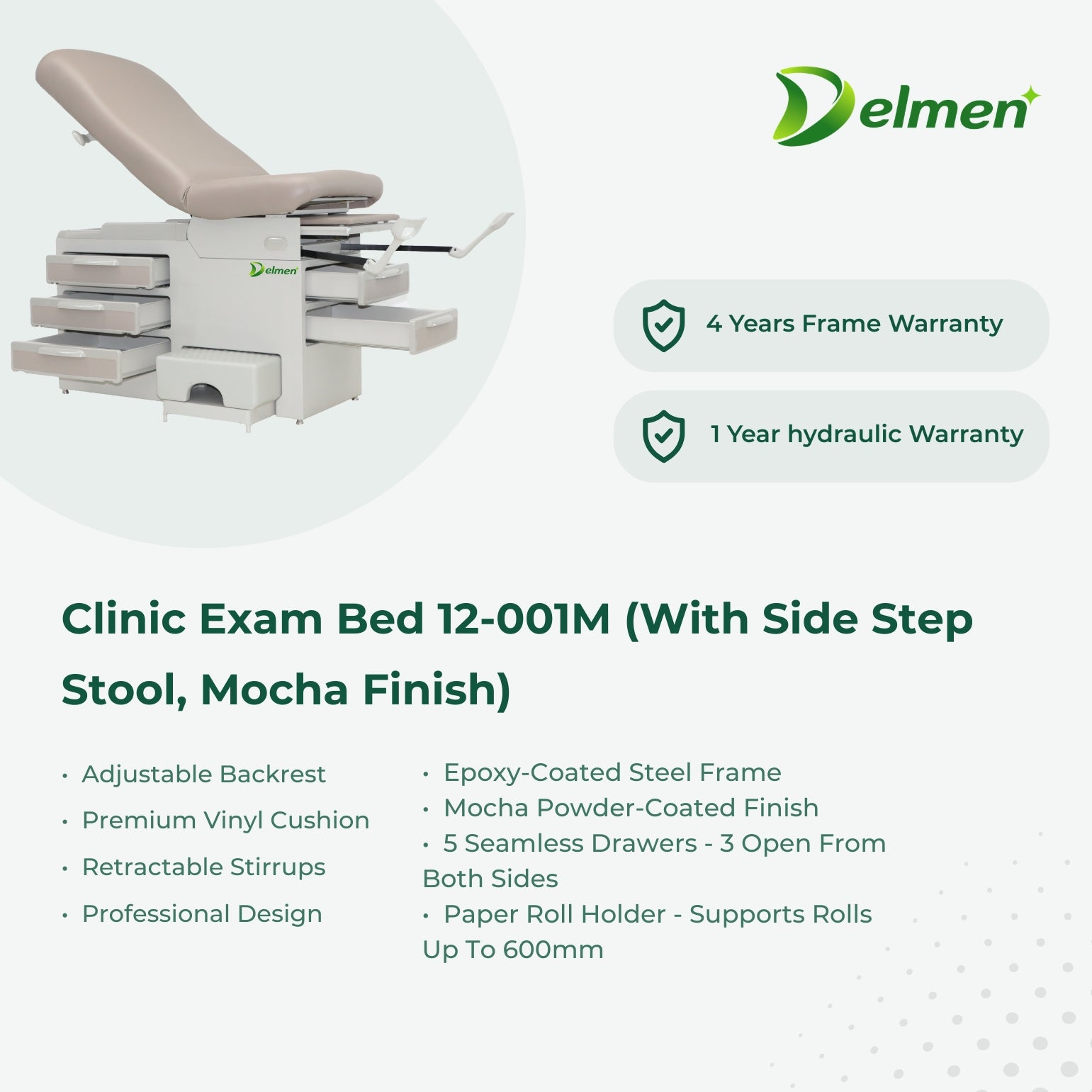 Clinic Exam Bed- With Side Step Stool, Mocha Finish